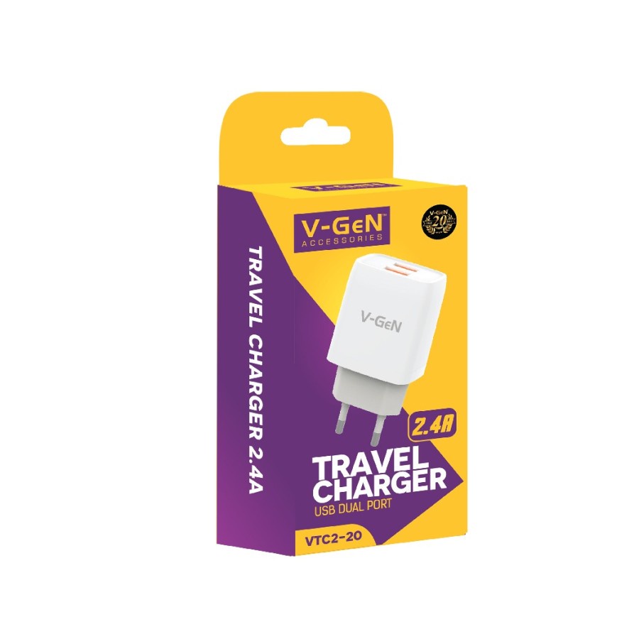 V-GeN Adaptor Travel Charger VTC2-20 - Vgen 2.4A 2 Port USB ORI