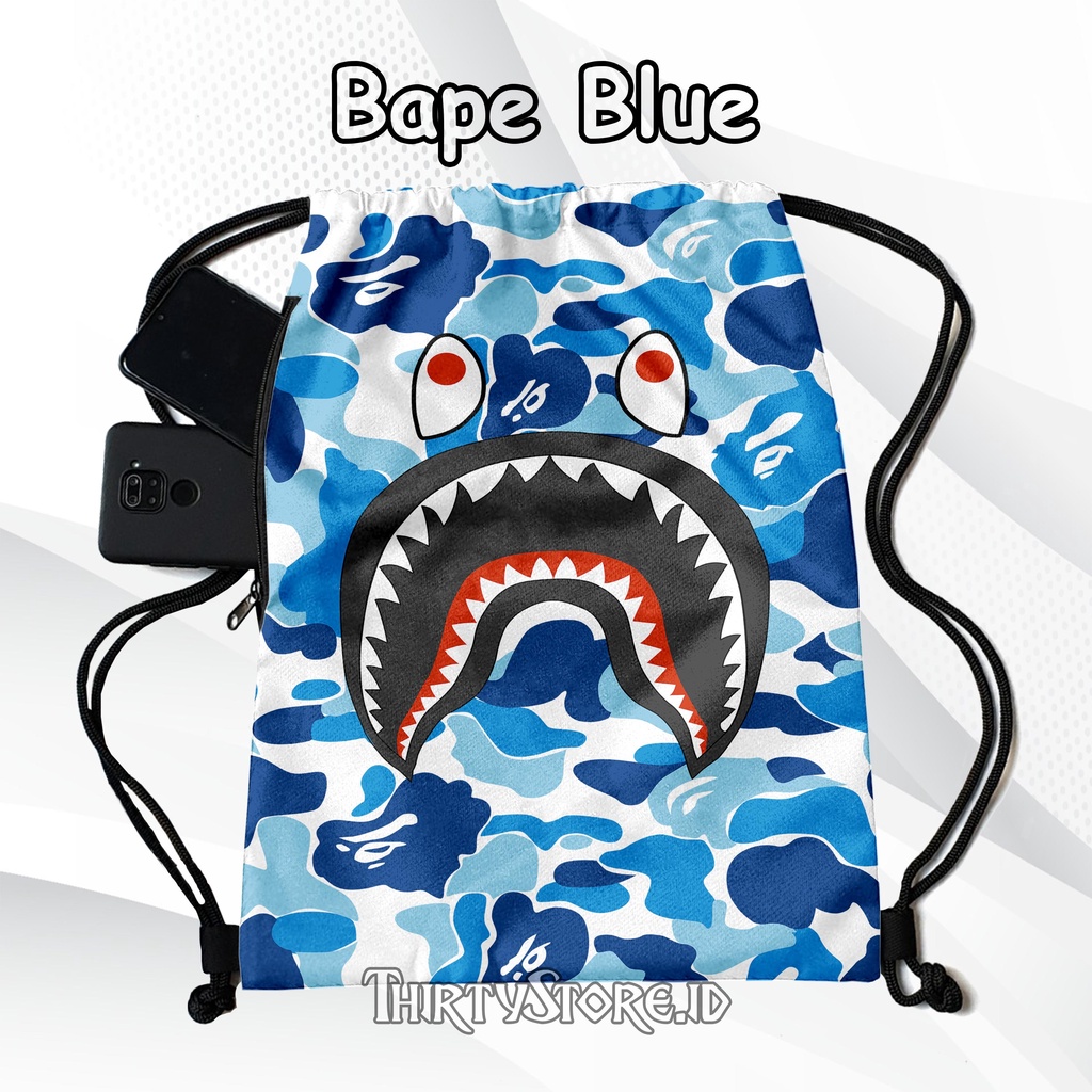 Tas Serut Anti Air New String Bag Full Print Pria Dan Wanita Motif Bape Blue Tas Olahraga Tas Sekolah