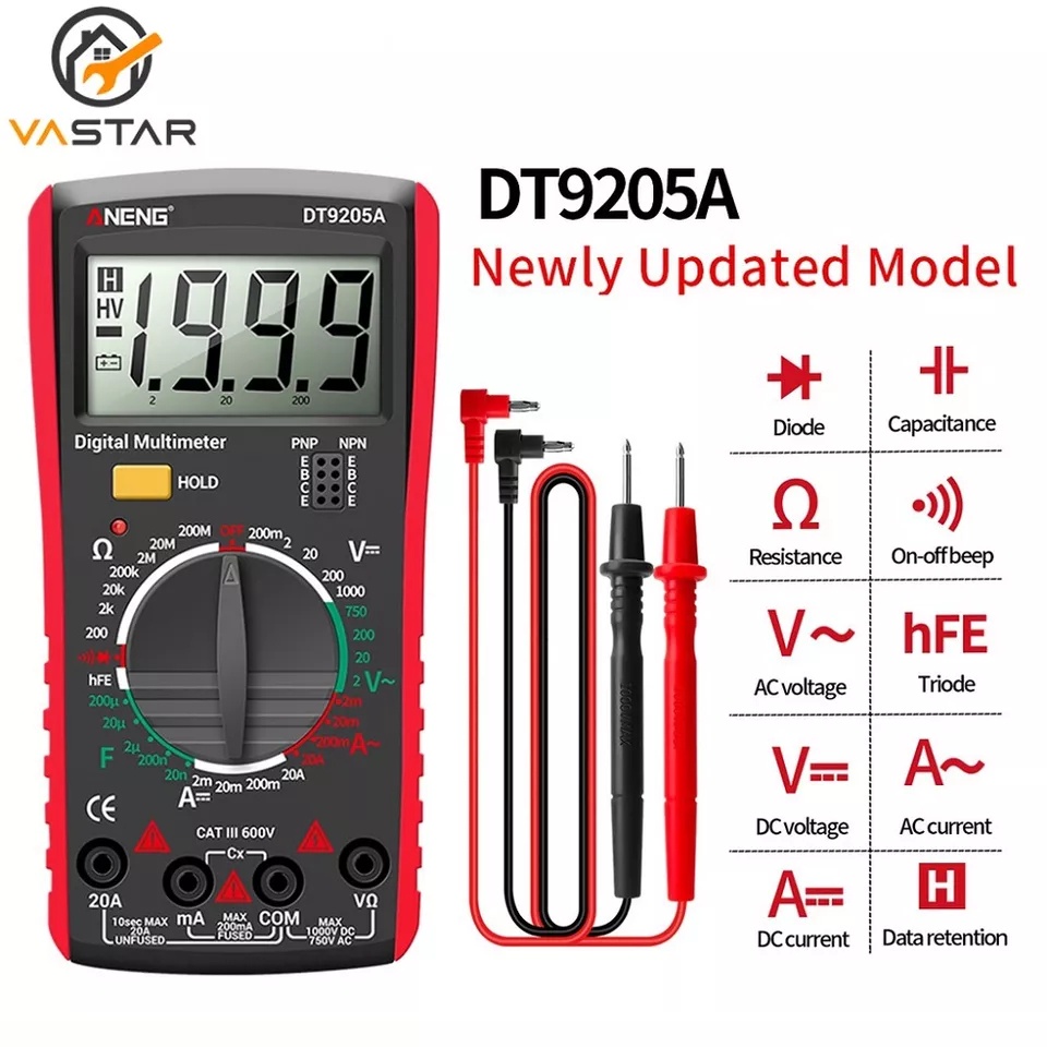 Digita Multimeter Avo Voltage Tester Profesional AC DC Alat Listrik AC DC bunyi otomatis Tester DMM Diode Kontinuitas Kapasitansi HFE Ohm Meteran Tegangan Arus 10A 20A 1000V  1999 NCV Multimeter Digital DT