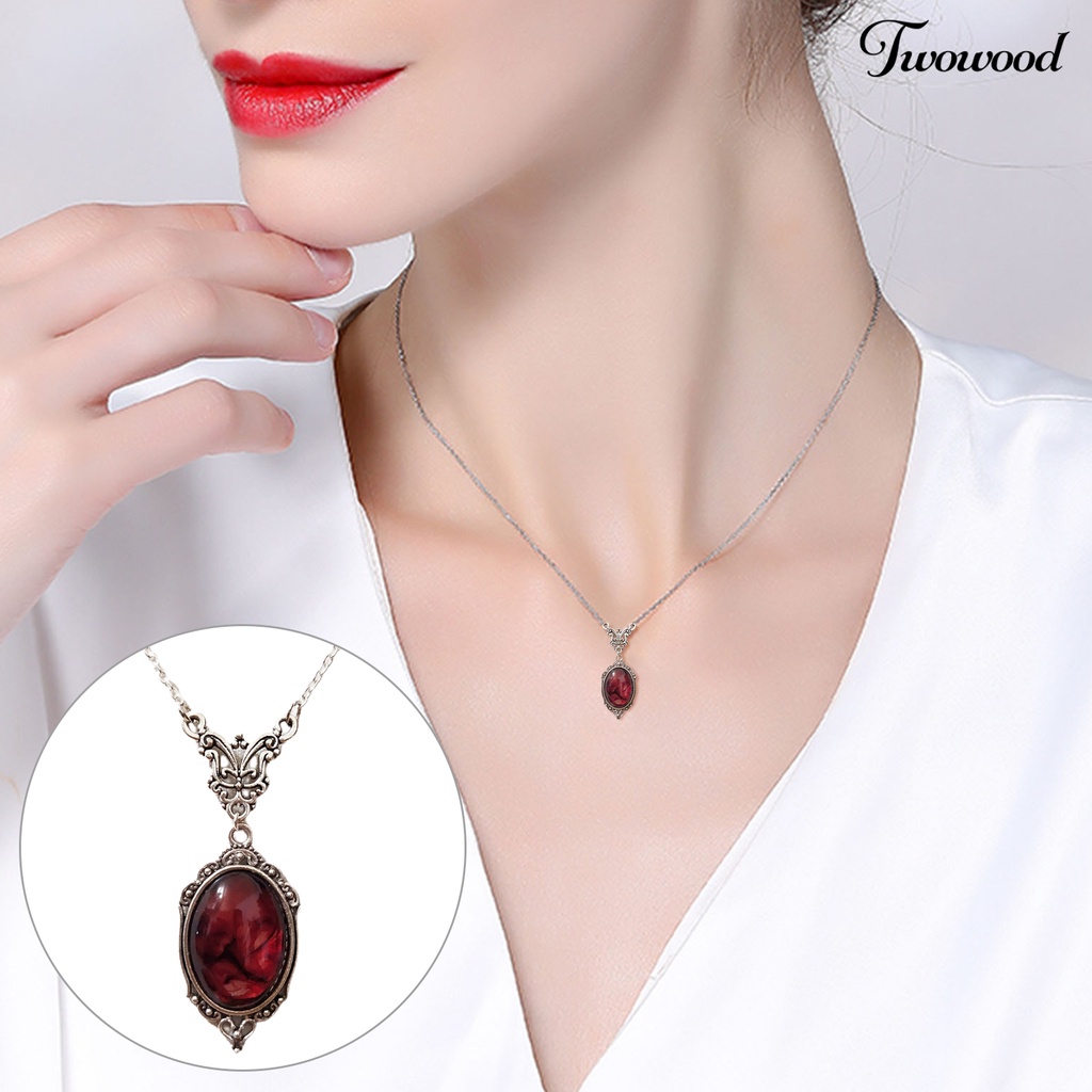 Twowood Liontin Kalung Elegan Oval Desain Vintage Indah Merah Kuarsa Pesona Kalung Kupu-Kupu Kalung Pakaian Sehari-Hari