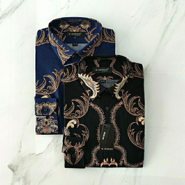 Terlaris Alisan Batik Print Slimfit Lengan Panjang Motif Cap Hitam / Coklat