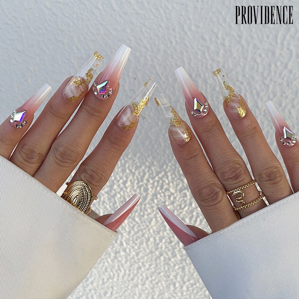 Providence 1set Kuku Palsu High Gloss Fadeless Tidak Dapat Pecah DIY Extra Long Pink White V-shaped Sparkling Fake Nail Salon Supply