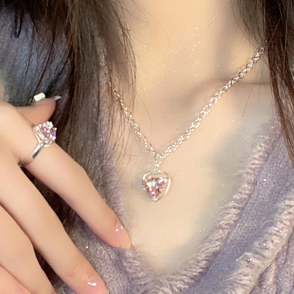 Shiny Pink Zircon Pendant Necklace Choker Untuk Wanita Fashion Berongga Perak Rantai Kalung Perhiasan Aksesoris