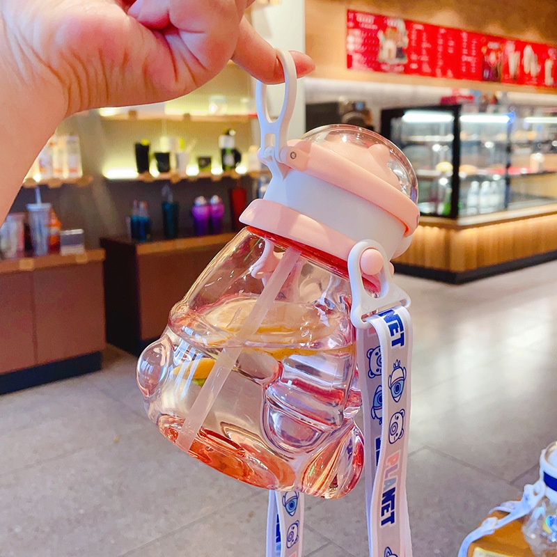 Indah Dirgantara Beruang Perut Gelas Plastik Diagonal Straddle Strap Straw Water Bottle DIY Siswa Minum Cangkir Air Di Sekolah