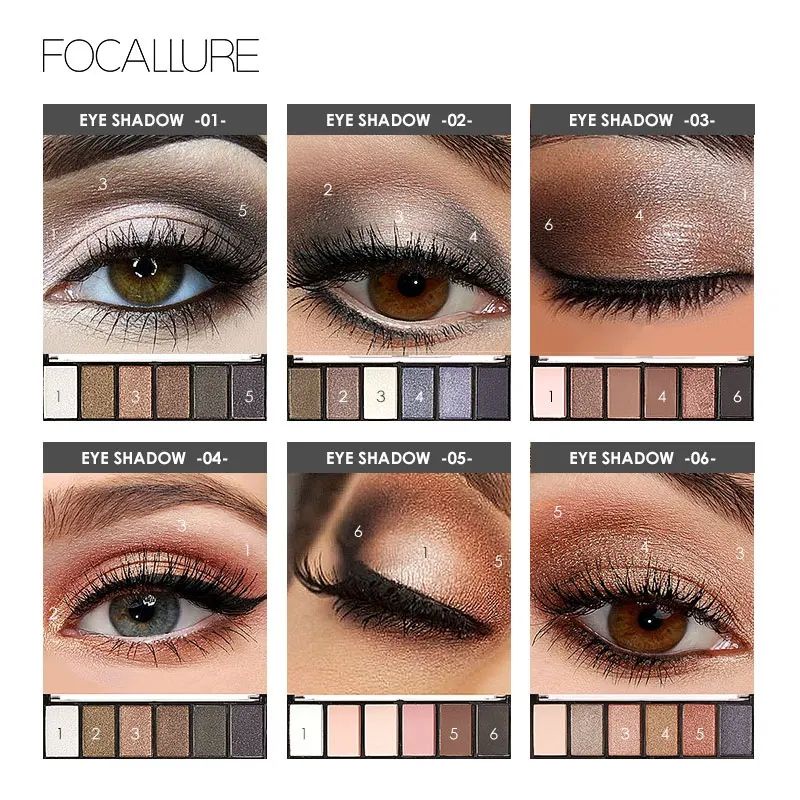 ❣️FOCALLURE Palette 6 Colors Eyeshadow FA06 Nude Smokey Glamorous Shimmer Glitter