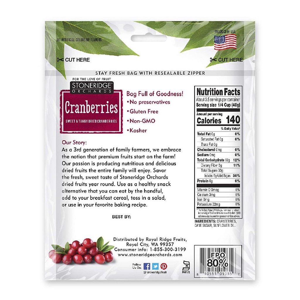 Stoneridge Orchards Cranberries Sweet &amp; Tangy Dried Cranberries 142g