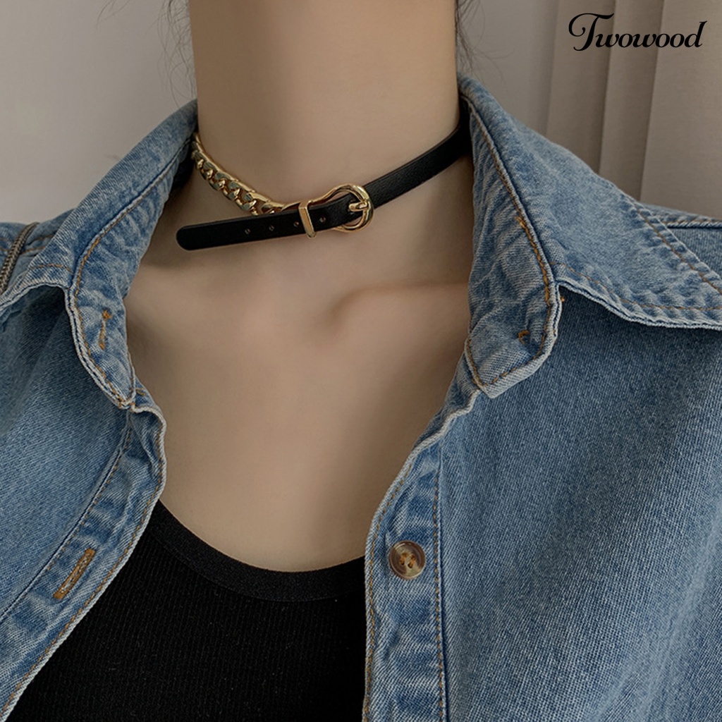 Twowood Wanita Choker Kulit Imitasi Adjustable Gesper Link Rantai Punk Kepribadian Hadiah Hip Hop Cewek Kerah Kalung Fashion Perhiasan