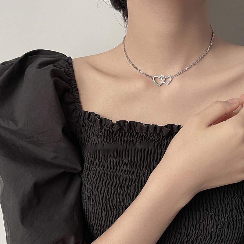Kalung Liontin Cinta Ganda Choker Korea Penuh Berlian Rantai Klavikula