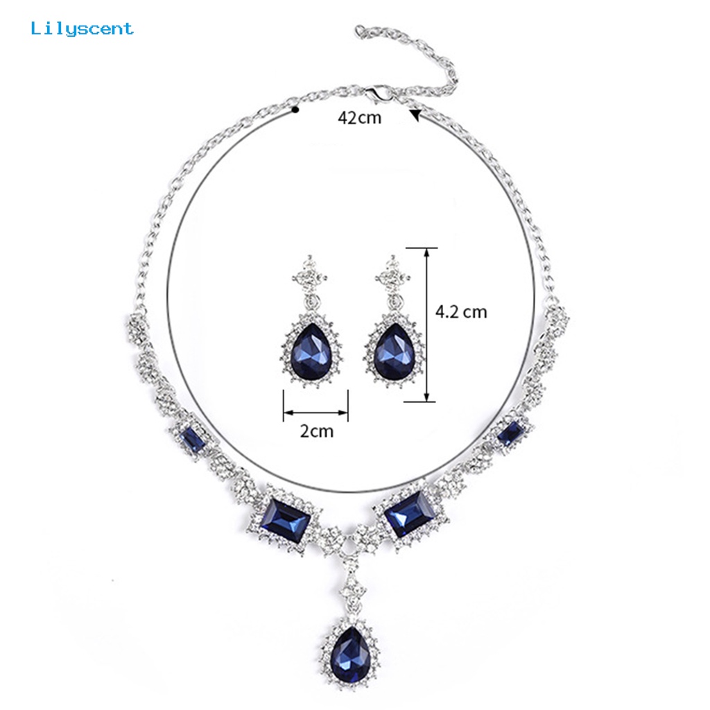 [LS] 2pcs/set Kalung Anting Set Kristal Imitasi Geometris Pernikahan Perhiasan Pengantin Temperamen Indah Berlian Imitasi Drop Earrings Kalung Hadiah Anniversary