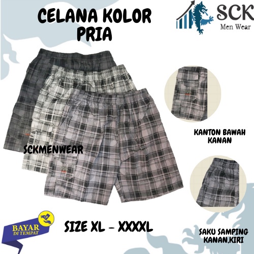 Celana Kolor PENDEK Pria HD Motif KOTAK 0602 ukuran JUMBO Kantong Samping Cargo / Celana Kolor Karet Size 4XL-6XL  - sckmenwear GROSIR