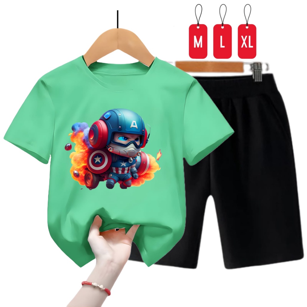 Hzl_outfit Kaos Setelan Anak Laki Laki Baby Captain America/ Setelan Kaos Anak Anak