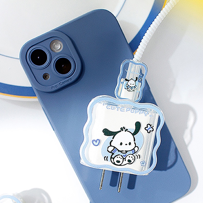 IPHONE Lucu Pochacco Kartun Cover Transparan Lembut Charger Case Untuk Iphone18/20W Tepi Gelombang Biru Dengan Tali Perlindungan Kabel Data Laser 1.6m