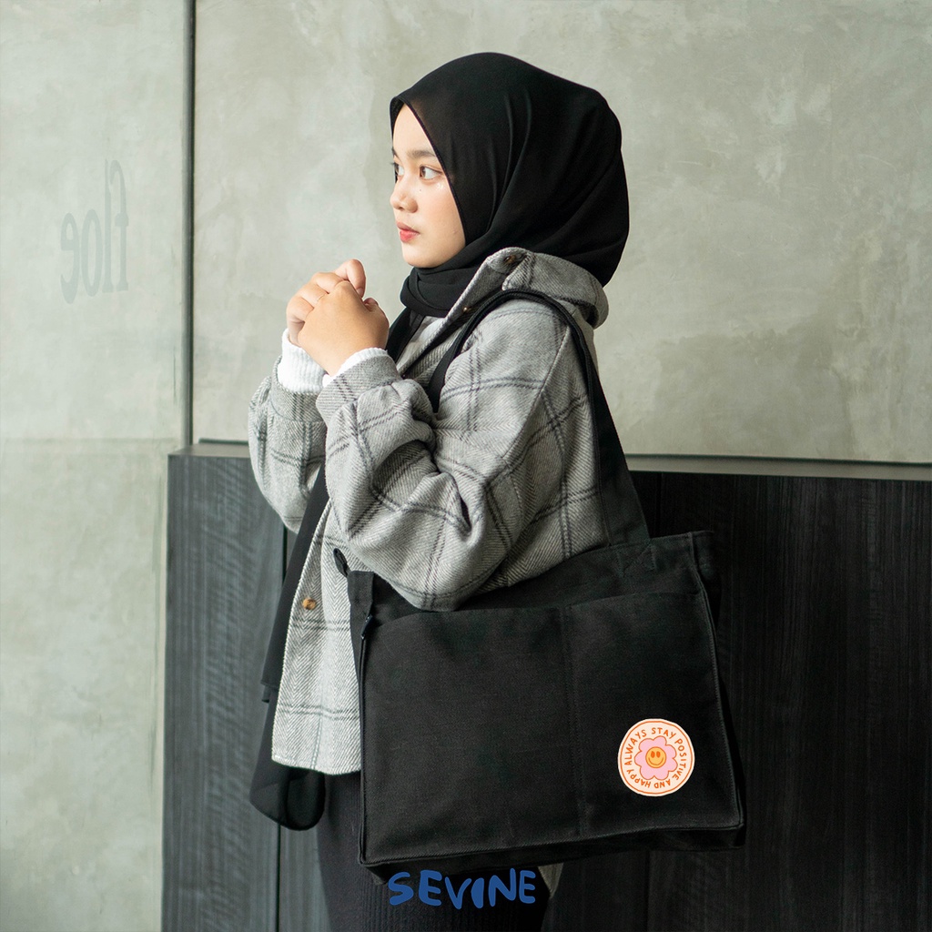 Sevine Totebag Kanvas Rebecca Tas Wanita Tote Bag Kuliah Sekolah Sekat Resleting Hitam Elegan Aesthetic - WK