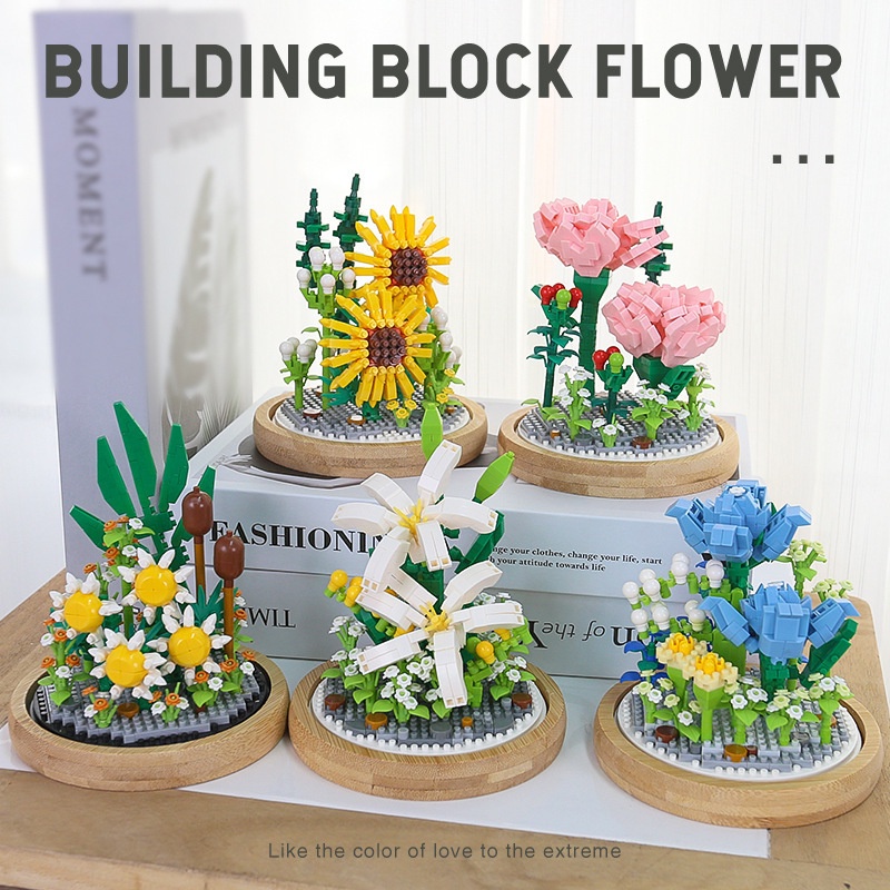 Nano Block Flowers Mawar Pot Bunga Model DIY Mainan Balok Buket Mainan Pendidikan