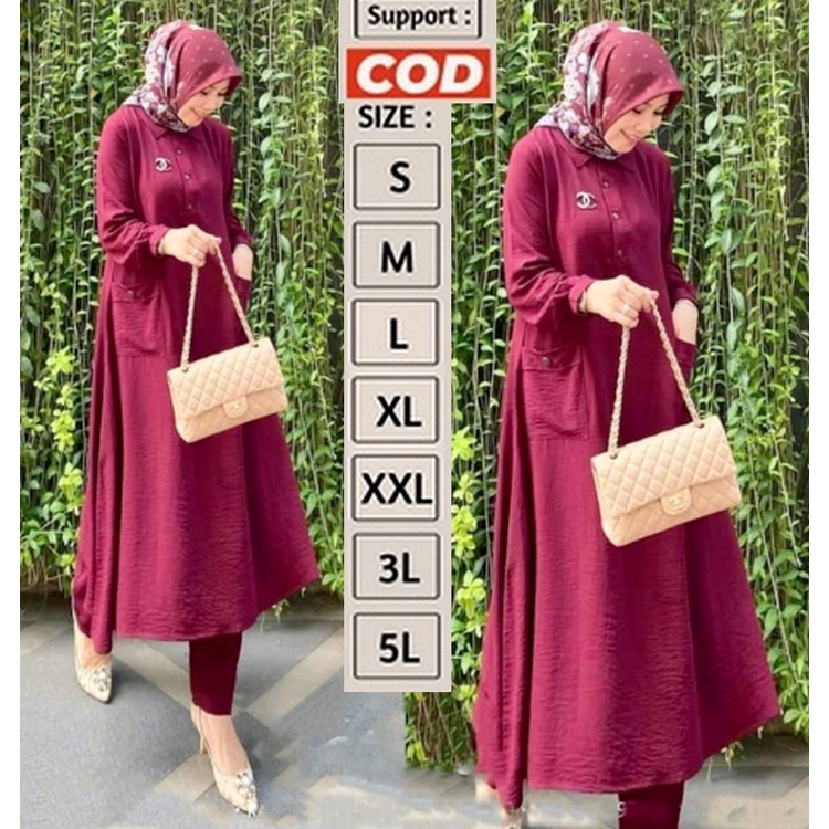 Set Setelan / Long Tunik Travelling Harian Kuliah Kondangan Jumbo Simpel Polos Adem Mewah Elegan Kek