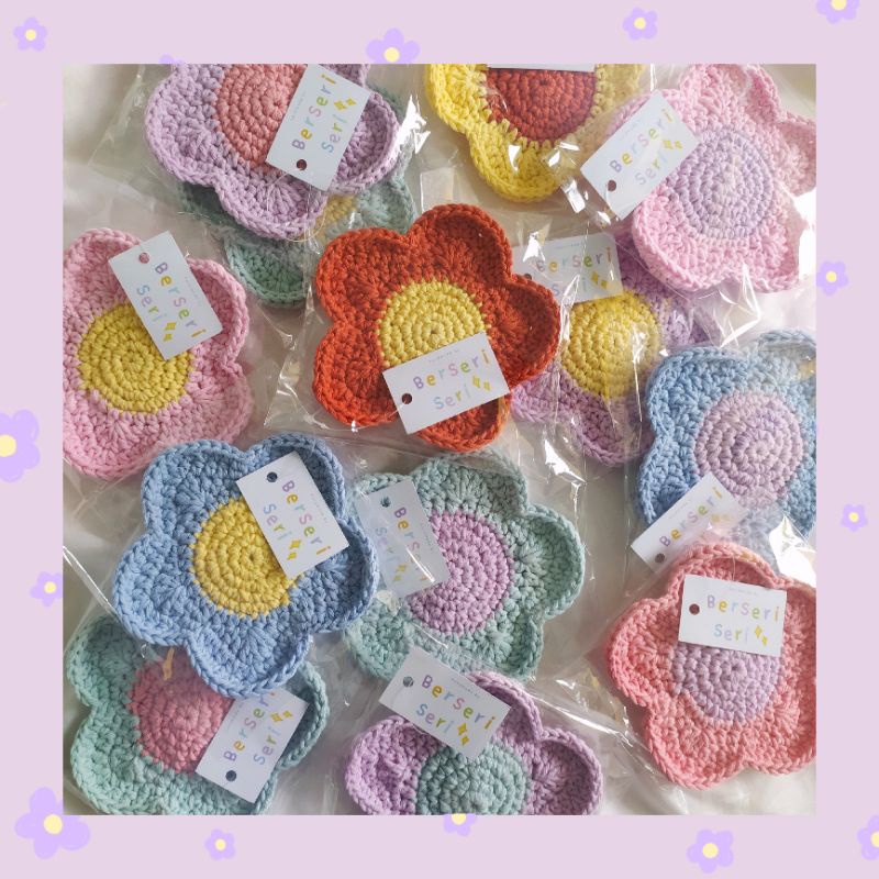 Tatakan Rajut Bunga / Coaster Rajut Bunga / Tatakan Gelas Rajut / Coaster Aesthetic