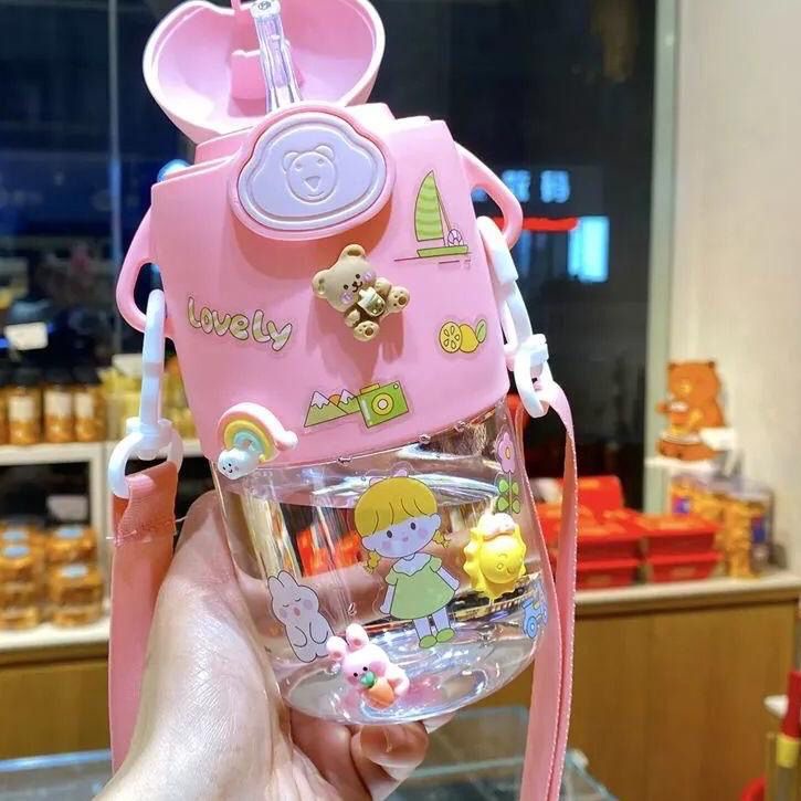 Botol Minum / Tempat Minum Anak Lucu Animasi Kartun Include Sedotan Dan Tali