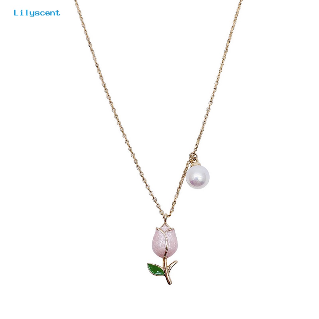 [LS] Kalung Rantai Manis Elegan Hadiah Anniversary Gaya Perancis Vintage Tulip Mutiara Imitasi Liontin Kalung Perhiasan Aksesori