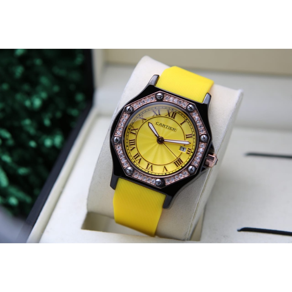 Jam Tangan Wanita Fashion E3906V Tali Rubber Tanggal Aktif Riing Rose Permata Free Box &amp; Baterai Cadangan