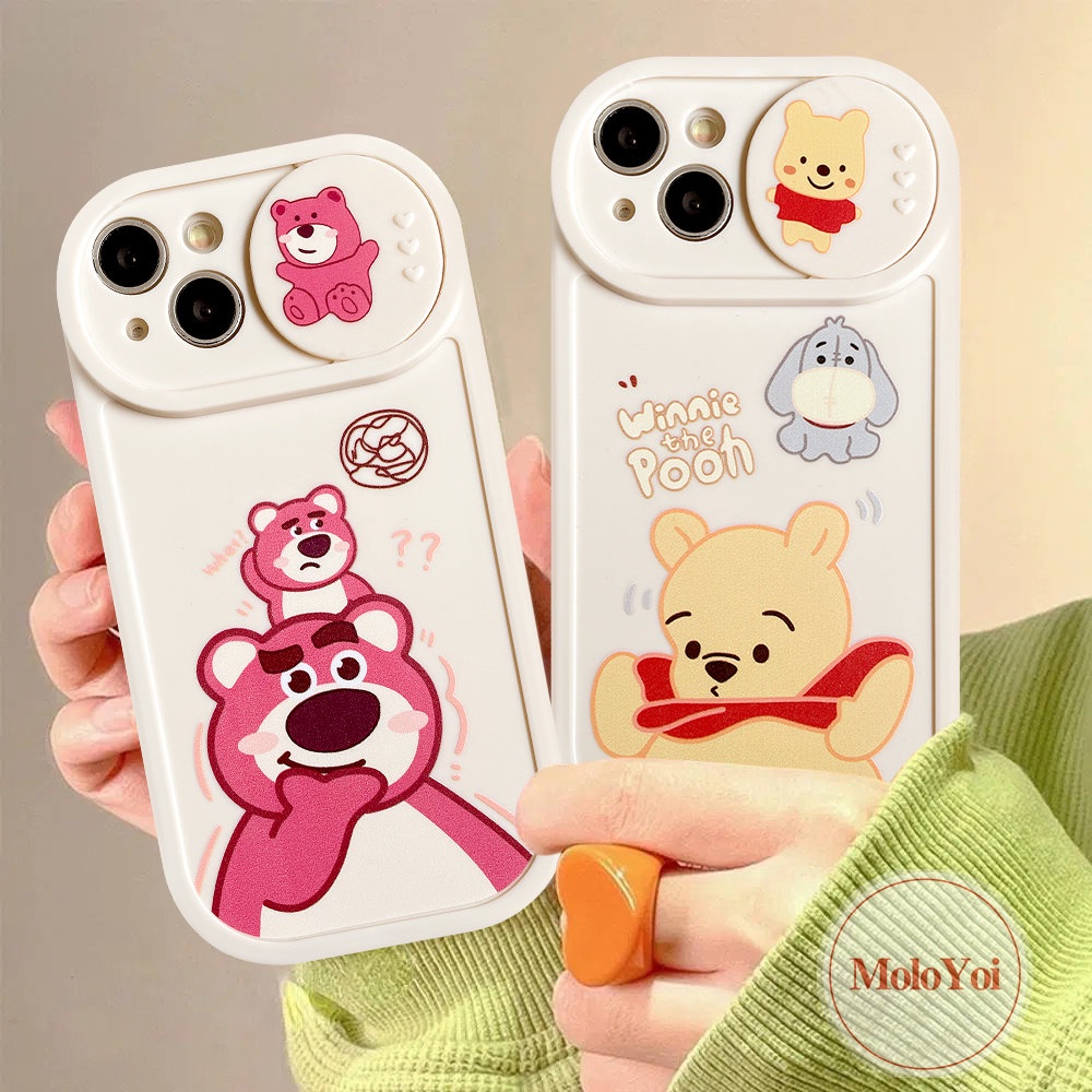 IPHONE Pasangan Case Kompatibel Untuk Iphone13 11 12 Pro MAX 7plus 7 8 Plus XR X XS MAX Kartun Strawberry Bear Manyo Winnie the Pooh Tarik Jendela Kamera Perlindungan Soft Cover