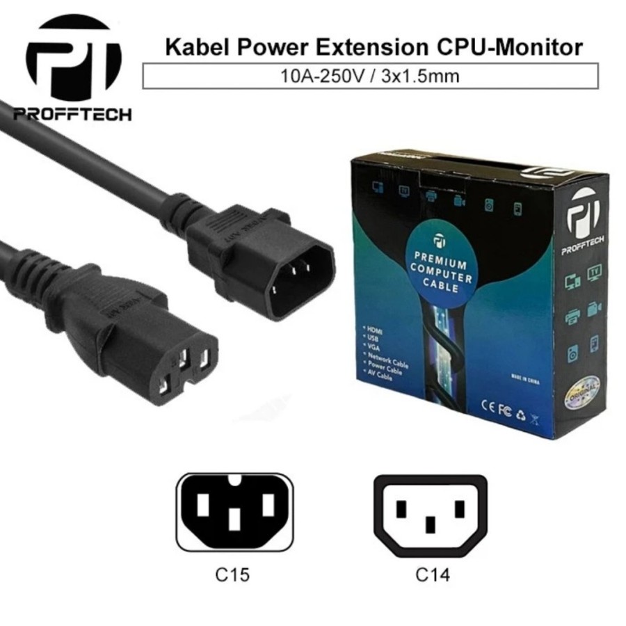 Cable power Profftech c15 to c14 2 meter 250v 10A for pc Cpu monitor led lcd - Kabel power cord proff-tech 2m