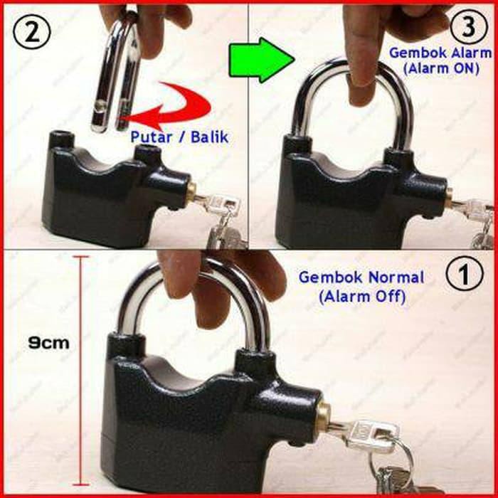 Gembok Alarm Lock Hitam Ring Panjang (12 cm)