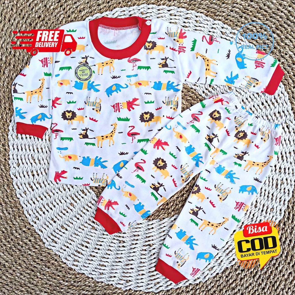 Setelan Baju Bayi Panjang 3 - 12 Bulan merk VIORI motif ANIMAL SAFARI, Bahan Double Knitted