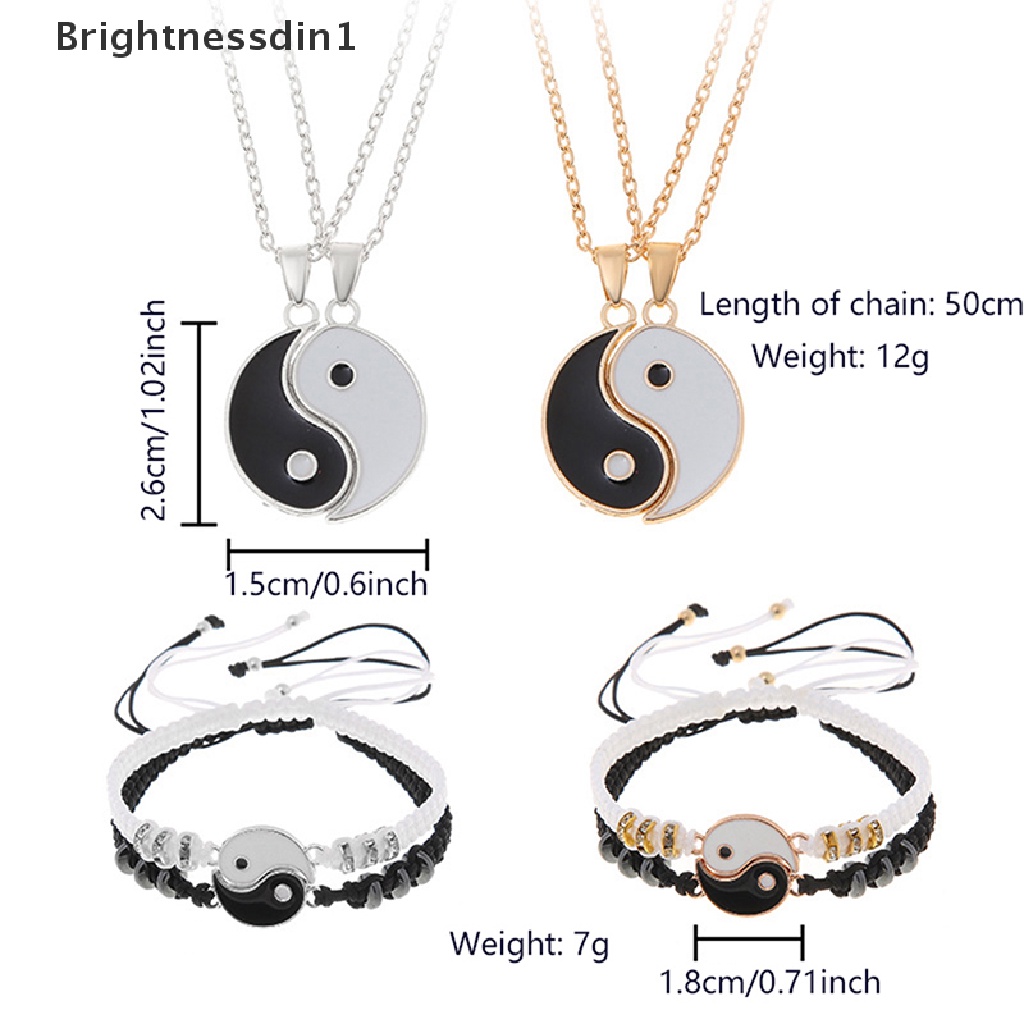 [Brightnessdin1] 2 Pcs Tai Chi Yin Yang Pasangan Gelang Kalung Set Liontin Adjustable Kepang Rantai Gelang Pencocokan Kekasih Gelang Choker Butik