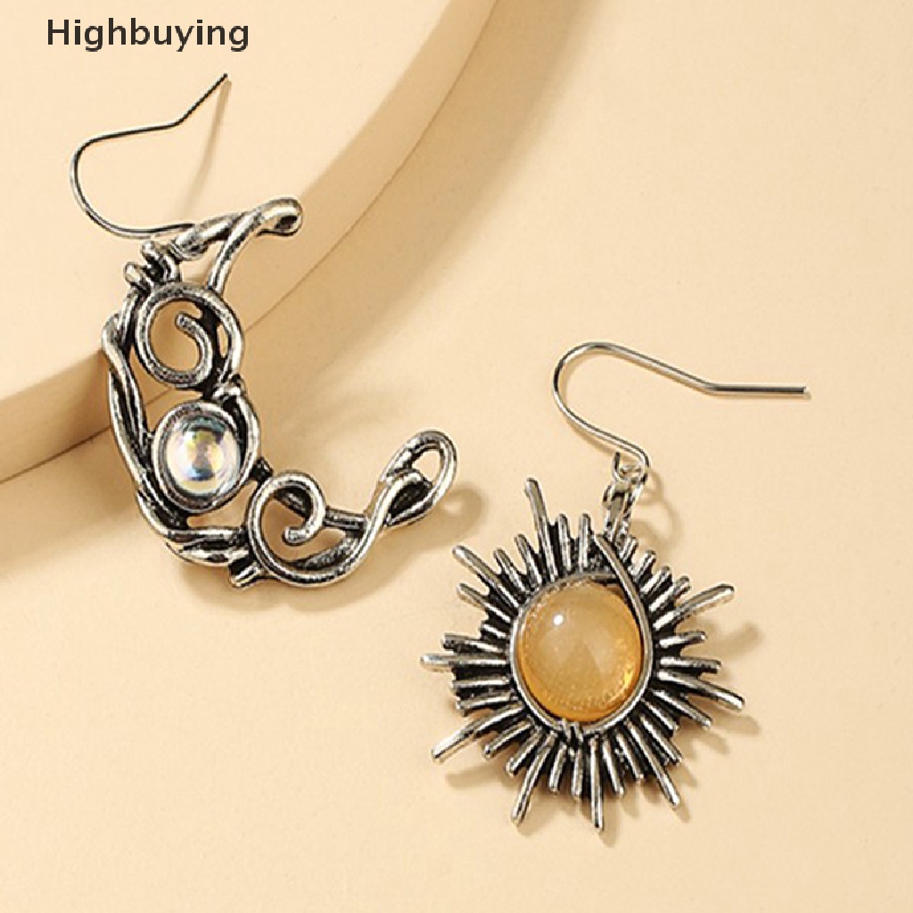 Hbid Retro Sun Moon Earrings Moonstone Asymmetric Earrings Woman Jewelry Hadiah Glory