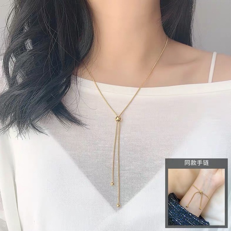 Kalung Rantai Clavicle Retractable Gaya Retro | Rantai Tulang Ular Manik-Manik Bulat Adjustable | Kalung Rantai Panjang Sedang Untuk Sweater | Kalung Pendek Bahan Titanium Steel Lapis Rose Gold 18K | Anti Air / Alergi Tidak Pudar | Hadiah Self-Keeping