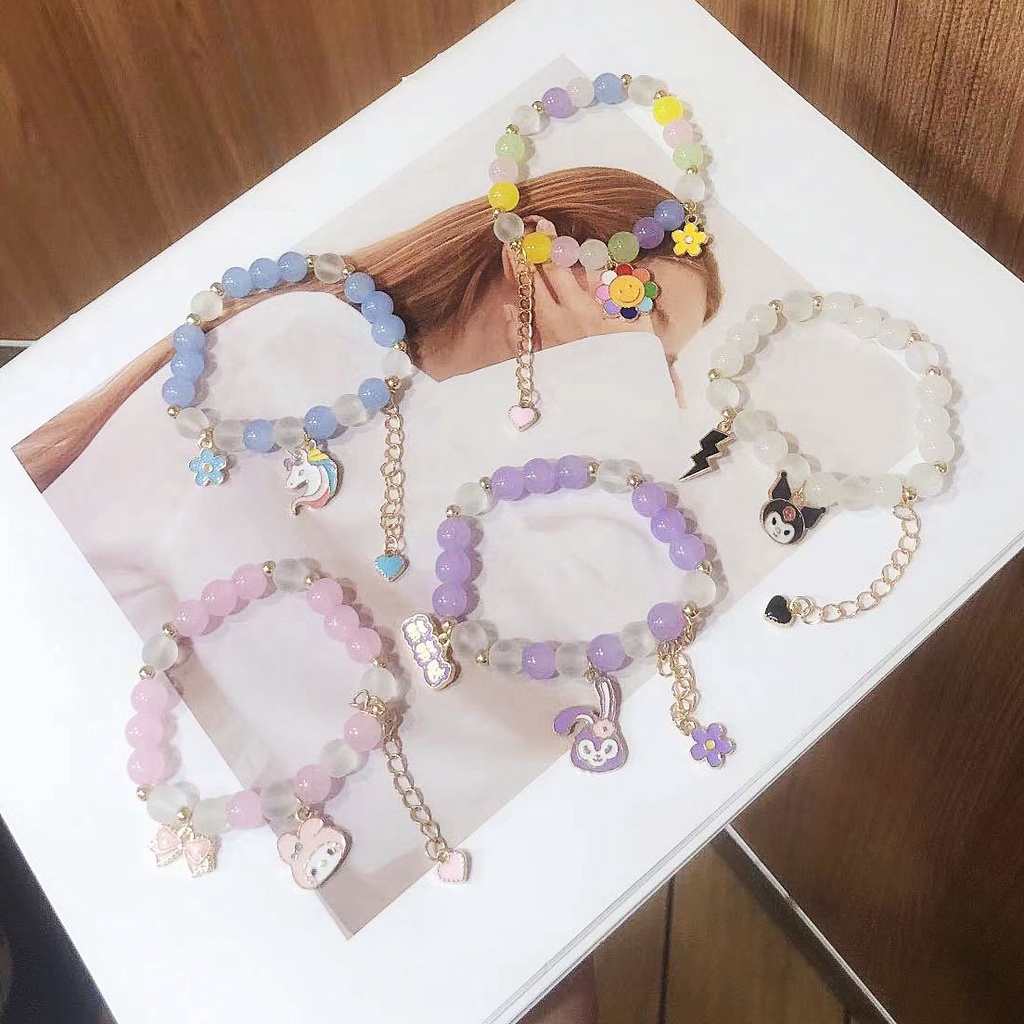 Gelang Manik-Manik Warna-Warni Karakter Kartun Sanrio Sederhana Baru Untuk Wanita Gadis Unicorn Kuromi Gajah Glasir Perhiasan