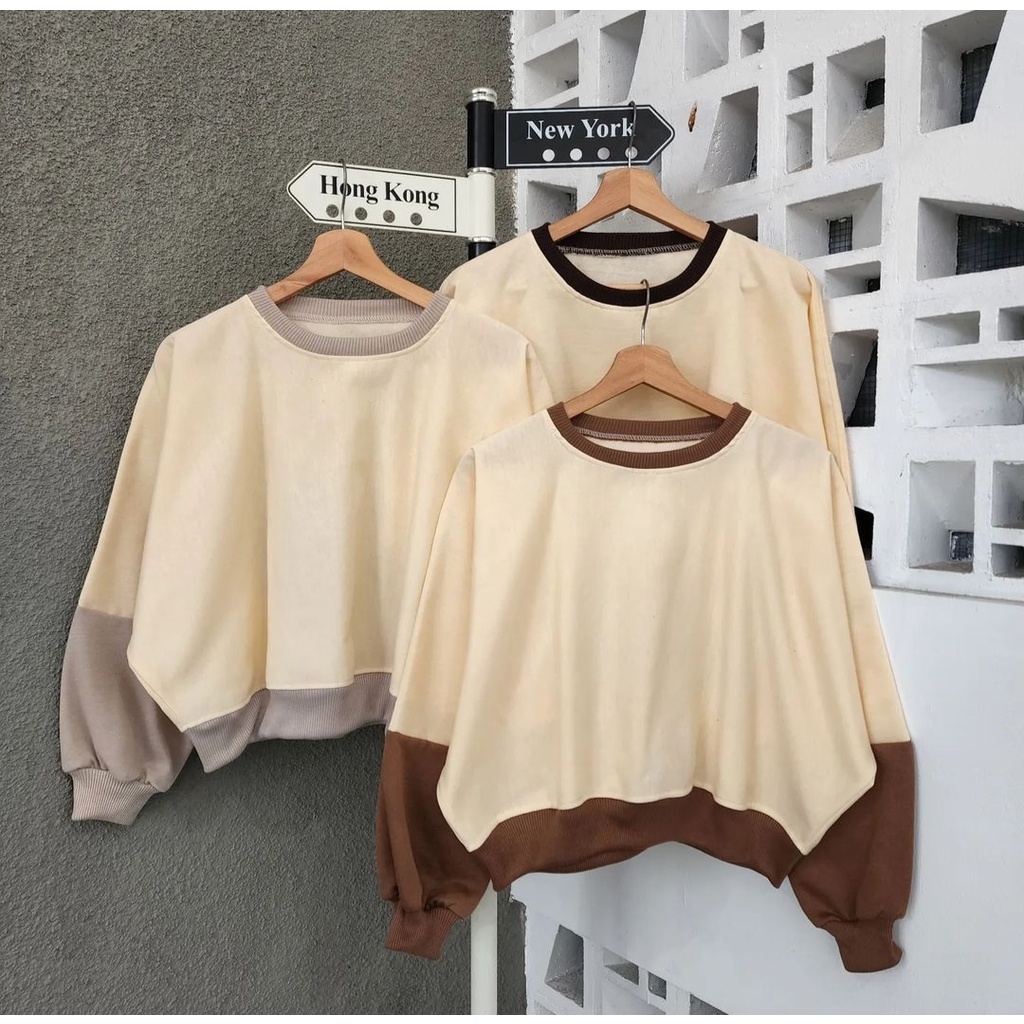 Sweater Wanita BATWINGGO BLOUSE Colour Mix Atasan Ala Korean Fashionable Model Terbaru OOTD Kasual