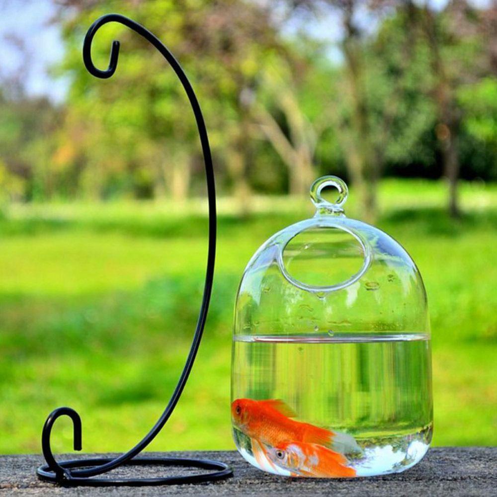 Chookyy Mangkok Ikan Kaca Gantung Dekorasi Rumah Bulat/Persegi Panjang Hiasan Aquarium Hiasan Dinding Dengan Rak Holder Home Decoration Fish Bowl