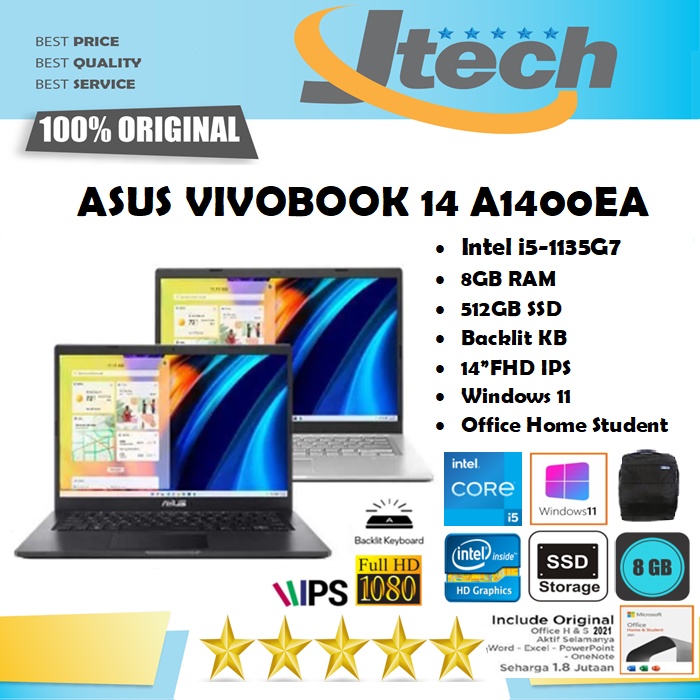 ASUS VIVOBOOK 14 A1400EA - i5-1135G7 - 8GB - 512GB SSD -  BACKLIT KB - 14&quot;FHD IPS - WIN11 - OFFICE HOME STUDENT