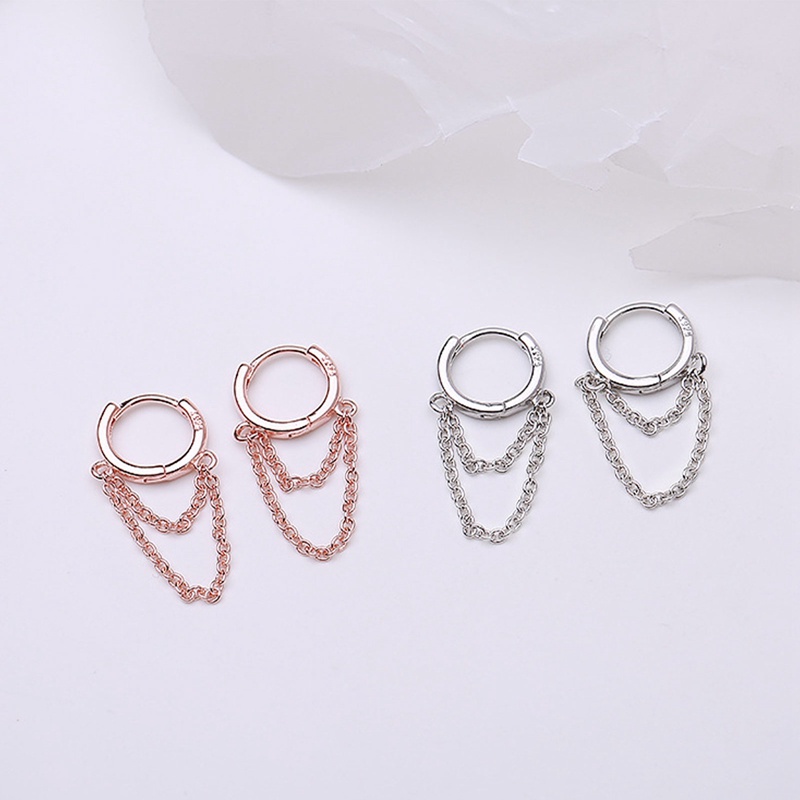 Kepribadian Fashion925 Sterling Perak Hoop Double Layer Rantai Anting Untuk Wanita Harian Kasual Pesta Punk Perhiasan Hadiah