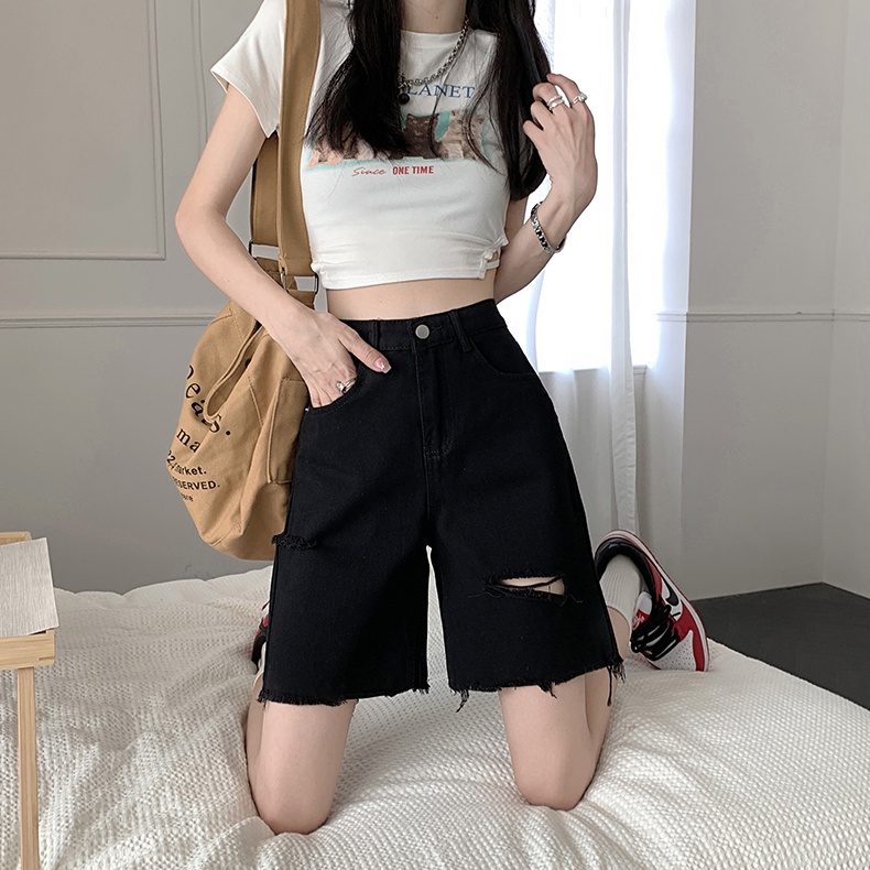 Korean Fashion Hitam Highwaist Celana Jeans Pendek Wanita