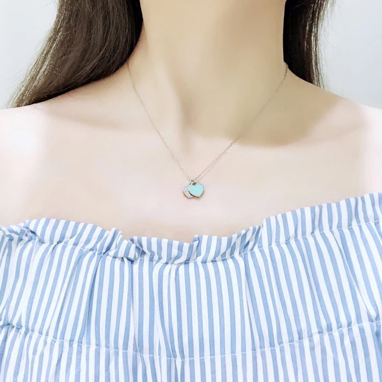 Kalung Rantai Dengan Liontin Hati Ganda Untuk Wanita | Kalung Rantai Klavikula Bahan Titanium Steel 18k Warna Rose Gold | Kalung Bahan Stainless Steel