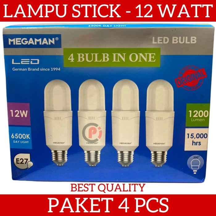 MEGAMAN Paket 4 Pcs Lampu LED Bohlam Stick 12 Watt 12W Cahaya Putih