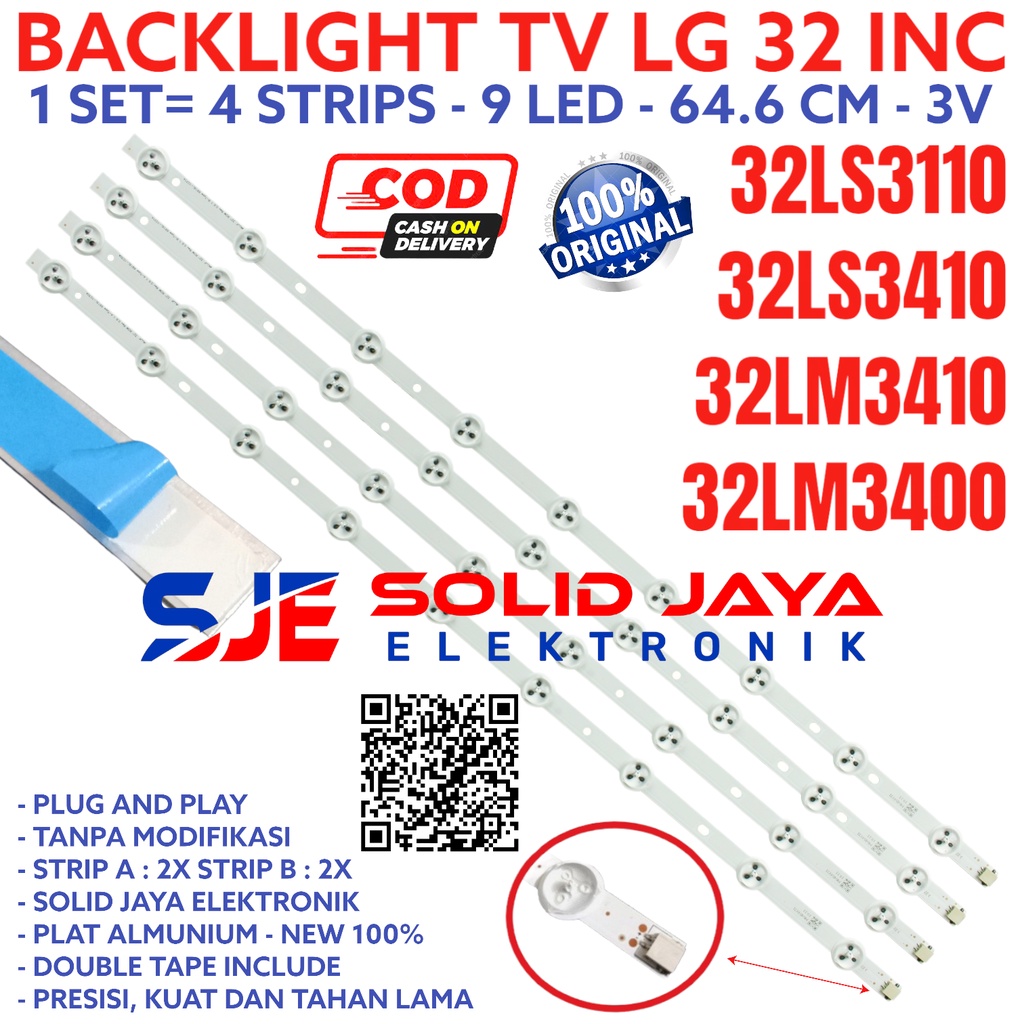 BACKLIGHT LG 32 INC 32LS3400 32LS3110 32LS3410 32LM3400 32LM 32LS 3400 3110 3410 3400 LAMPU TV BL 9K 3V BL 32 INCH IN 32INC 32IN 32INCH 9 KANCING LAMPU LED 3 VOLT 3V 4 STRIP BATANG LAMPU LG