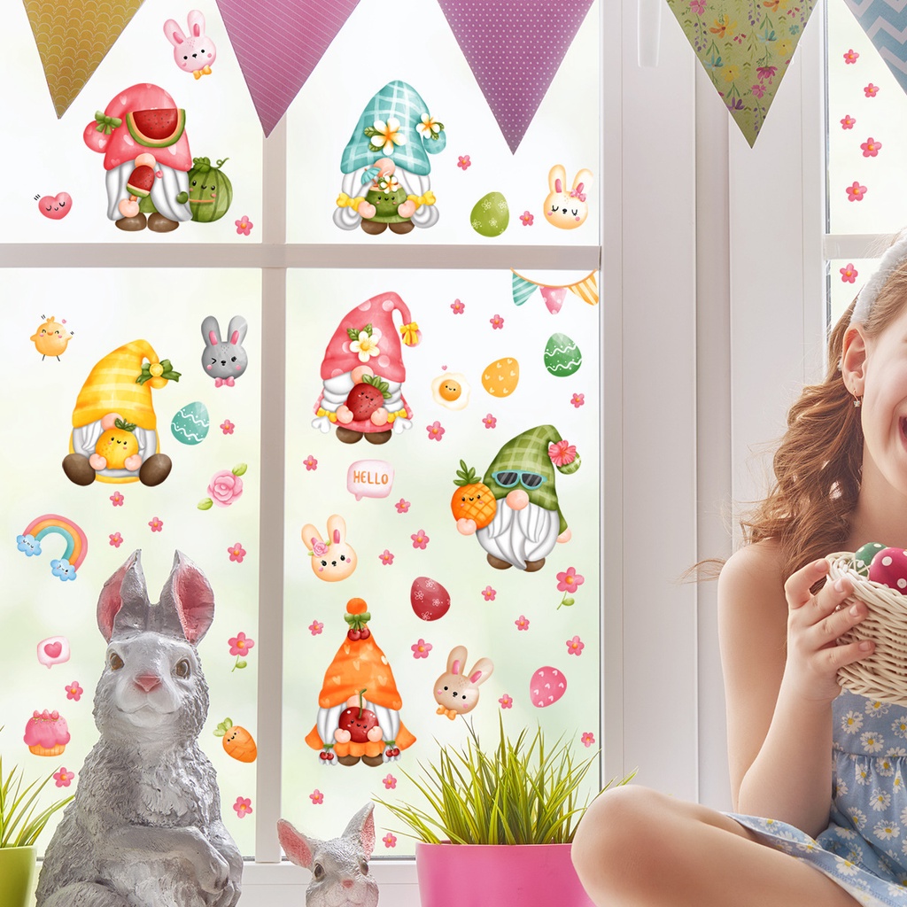 Easter Bunny Dwarf Window Glass Decals Dekorasi Jendela Kamar Anak Kartun Stiker Dinding