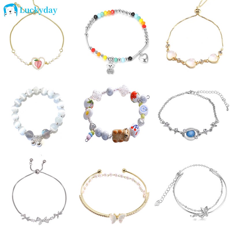 YEEZII Gelang Perak Elegan Y2K Aksesoris Lucu Opal Manik-Manik Mutiara Butterfly Bear Peach Bracelets Untuk Wanita Perhiasan