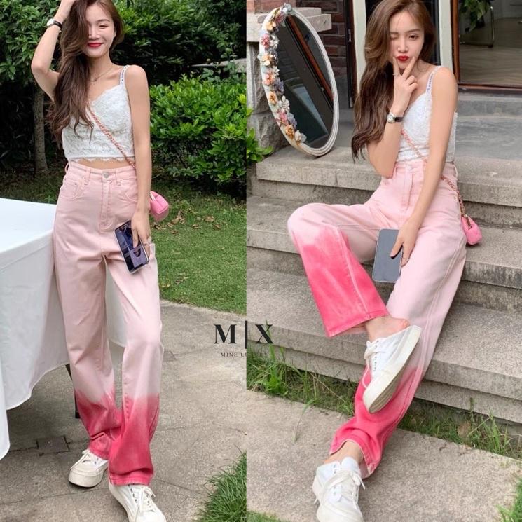 Berkualitas MIX COLOUR HIGHWAIST JEANS IMPORT DENIM PINK CELANA PANTS CULLOTE BAGGY TIEDYE MX849 .. 