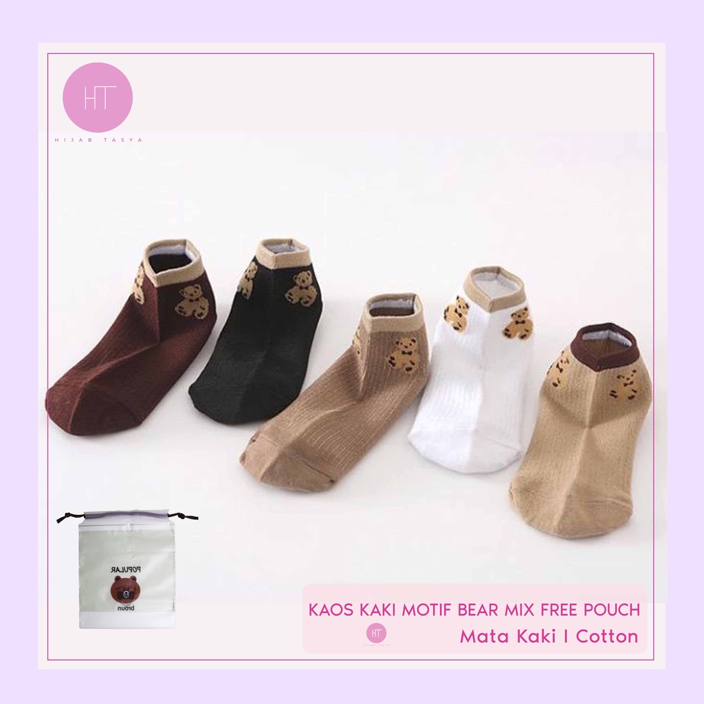 Kaos Kaki Pendek Garis Motif Bear - Free Pouch (Warna Mix)