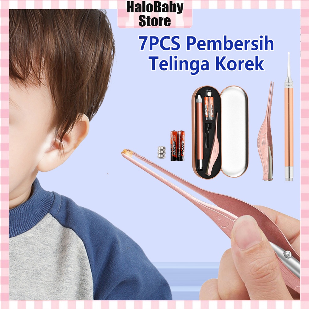 Halo Baby Korek Kuping LED Lampu Senter /7 PCS Pembersih Telinga Korek Stainless /Earpick Led