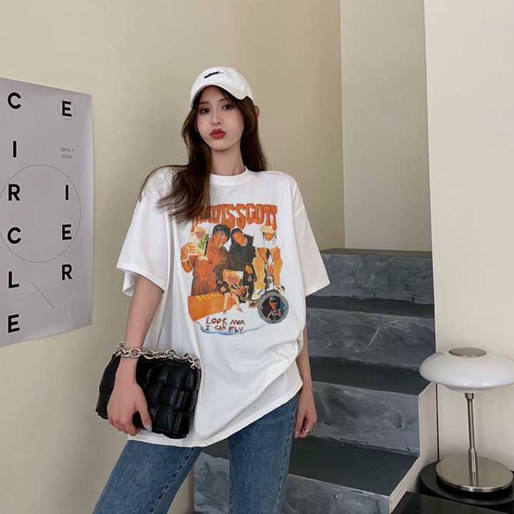 100%  Katun Vintage Kaos Lengan Pendek Putih Atasan Wanita Oversize Printed T-shirt Kekinian Korean Style