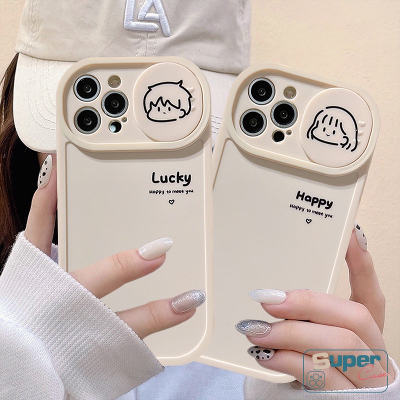 Casing Ponsel Kompatibel Untuk IPhone 7plus 8plus 11 12 13 Pro MAX XR 7 8 Plus X XS MAX Kartun Lucu Cewek Cowok Beruntung Push Pull Window Pelindung Lensa Kamera Soft TPU Couples Cover