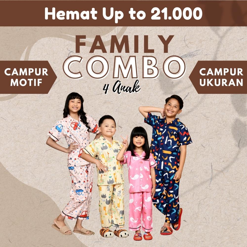 Cleopatra 3 Anak Junior + 1 Anak Kids ( size 2 - 12 ) Piyama Combo Family / Campur Motif / Campur Ukuran / Kombo Piyama Family / Kombo Baju Tidur Keluarga ( 3J1K )