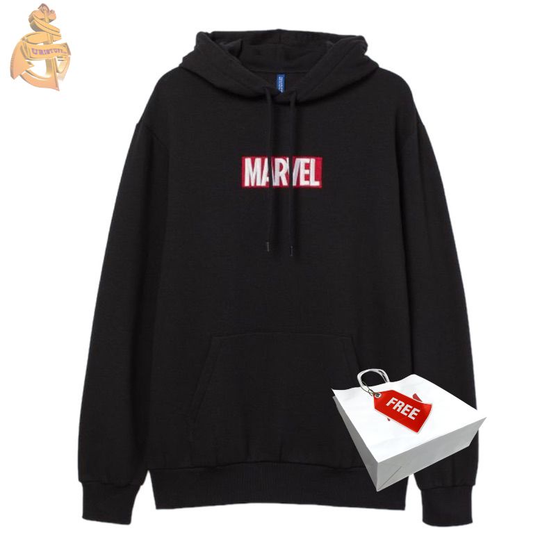 Hoodie H&amp;M Marvel Hitam Black Wanita Pria Full Tag Free Paper bag