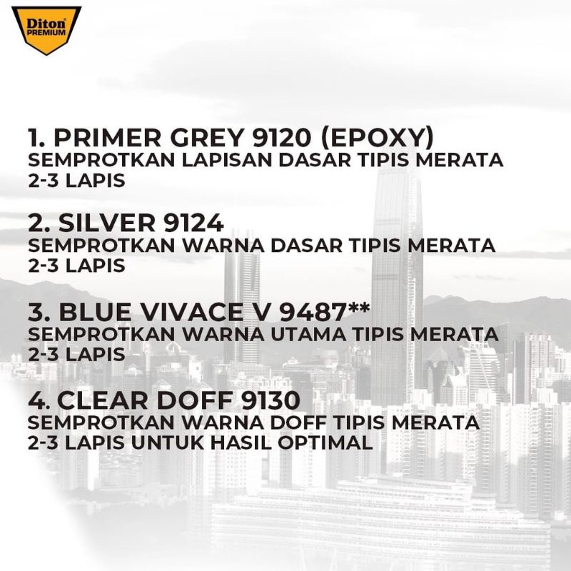 Diton Premium Paket Lengkap 3 Kaleng 400cc Biru Doff Dop Blue Vivace 9487 Silver 9124 Clear Doff 9130 Pilox Pilok Cat Semprot Spray Paint