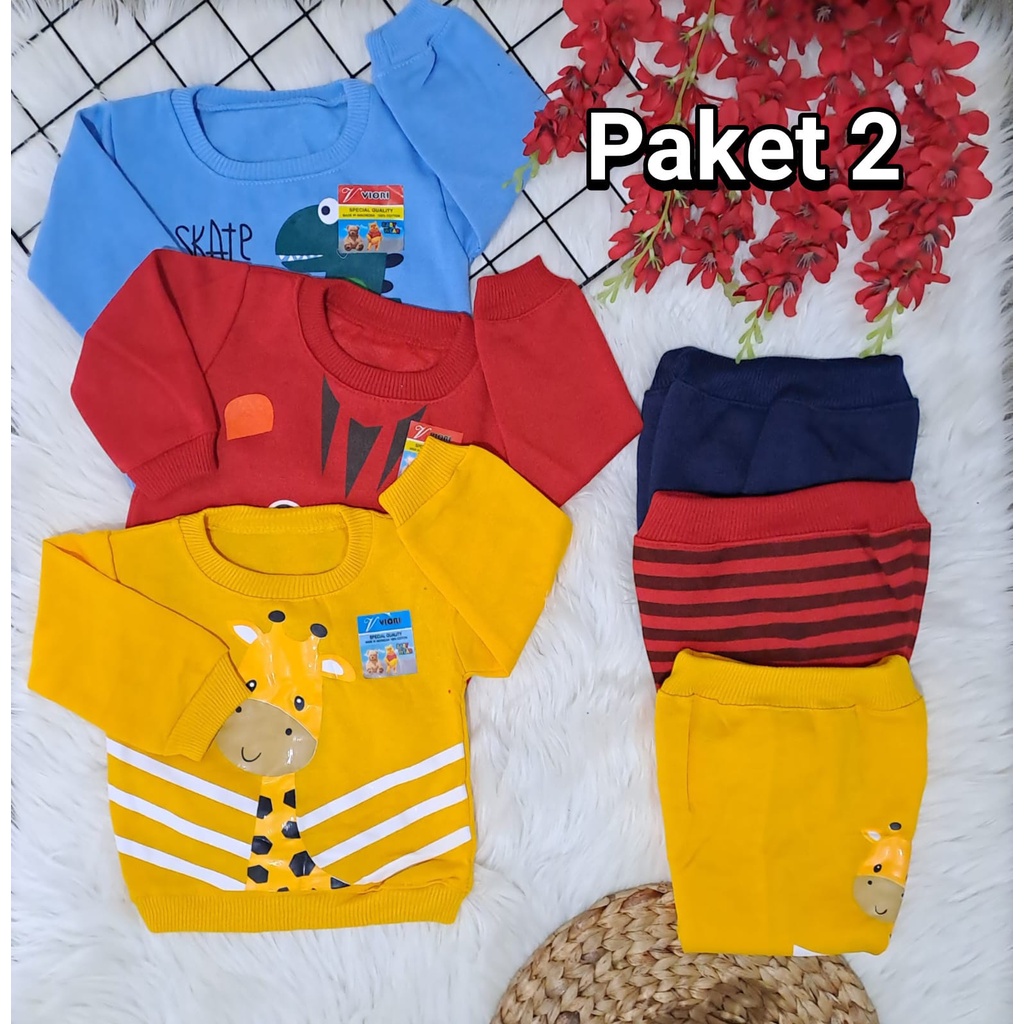 PAKETAN HEMAT stelan sweater lucu murah laki laki perempuan GRAFFE, DINO, KUCING3-18 bulan